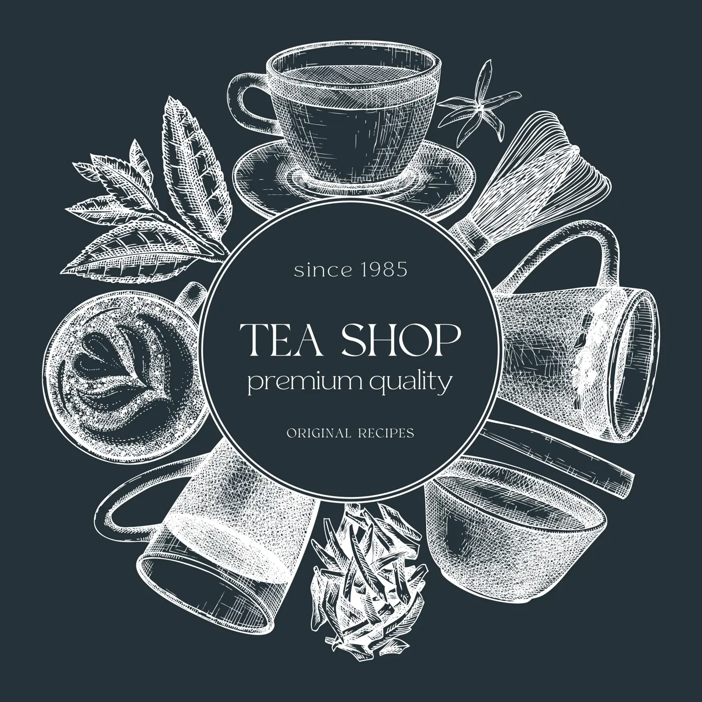 Hand sketched tea drinks round design on chalkboard. Vintage teacups, glasses, leaves, flowers hand drawings wreath. Tea beverages card or invitation template. For recipe, menu, label, packaging.  Illustration